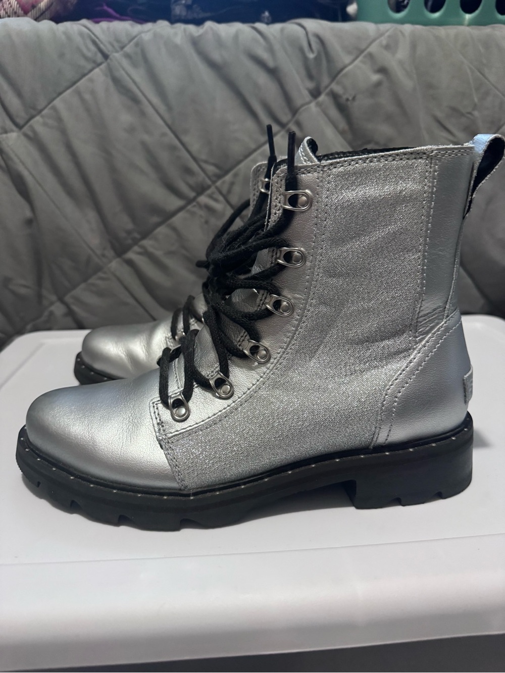 Women's Sorel Silver Lace-Up Combat Boots